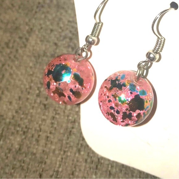 Paint Splatter Dome Ball Bubble Bauble Pink Sparkle Bead Dangle Earring Art Deco - Picture 5 of 8